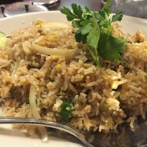 Real crab claw in Thai fried rice.