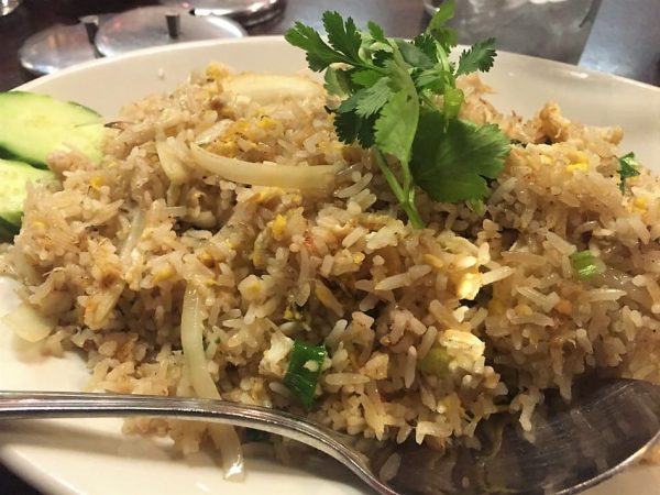 Real crab claw in Thai fried rice.